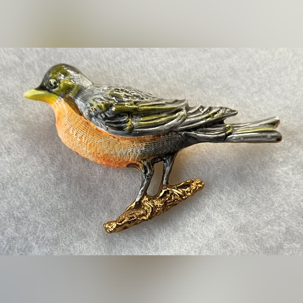 Vintage Signed Rafaelian,Robin Brooch, Orange, Yellow, Grey On Gold Branch.